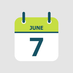 Flat icon calendar 7th of June isolated on gray background. Vector illustration.