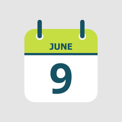 Flat icon calendar 9th of June isolated on gray background. Vector illustration.