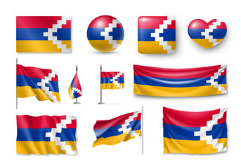 Set Nagorno-Karabakh flags, banners, banners, symbols, relistic icon. Vector illustration of collection of national symbols on various objects and state signs