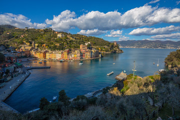 PORTOFINO, ITALY, FEBRUARY 13, 2018 - Aerial view of the city of of Portofino , Genoa (Genova) Province, Liguria, Mediterranean coast, Italy