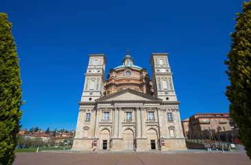 Fototapeta premium VICOFORTE, ITALY APRIL 11, 2017 - Vicoforte Sanctuary, main facade, Cuneo province, Piemonte, Italy, the largest elliptical dome in the world.