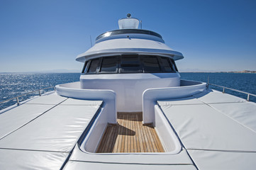 View from bow of a large luxury motor yacht