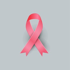 Realistic pink ribbon and breast cancer icon