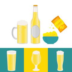Poster with beer bottle, mugs, glasses, potato chips, sausage. Vector icon with alcoholic beverages. Wheat  lager