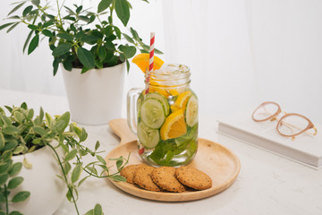 Detox water with vegetables and fruits. Diet healthy eating and weight loss.