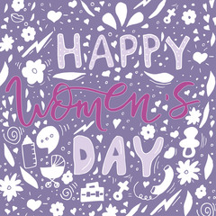 Beautiful card design for happy women's day celebration. Postcard for business woman, mother, girl, lady with flowers and female accesories.
