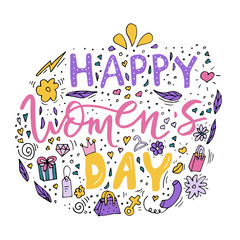 Beautiful card design for happy women's day celebration. Postcard for woman, mother, girl, lady with flowers, presents and female accesories.