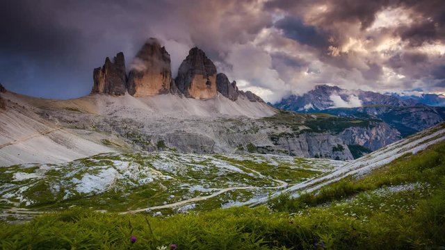 Foggy view of the National park Tre Cime di Lavaredo. Time lapse clip, interval shooting.