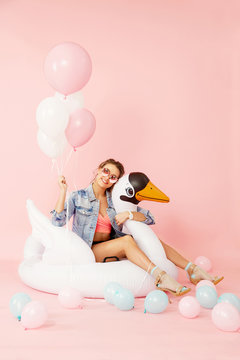 Fashion Woman In Summer Clothes Having Fun With Balloons
