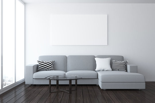 Modern living room with empty banner