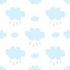 Selbstklebende Fototapeten Flat cute kids Cloudy seamless pattern ,rain drops. blue pastel © earnnieme