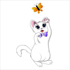 Cute cat catching a butterfly, cartoon vector illustration