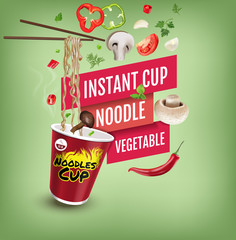 Vector realistic illustration of instant cup noodles with vegetables.