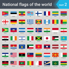 Flags of the world part 2. Collection of flags - full set of national flags isolated on gray background.