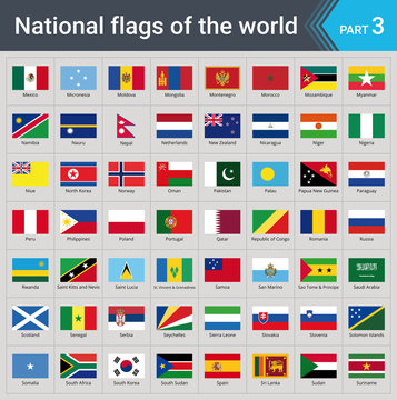 Flags of the world part 3. Collection of flags - full set of national flags isolated on gray background.