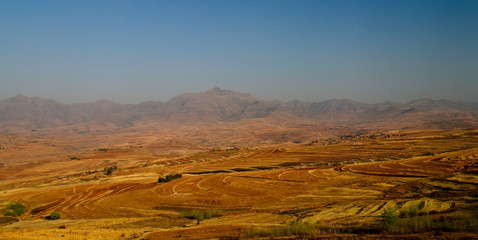 Landscape with the agriculture field around Malealea from the Gateway of Paradise pass in Lesotho