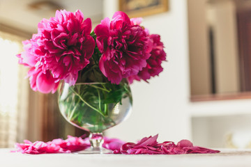 red peonies in glass vase stand on table