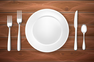 Realistic table setting arrangement wooden texture