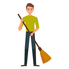 Cartoon Male vector character with a broom. Cleaner boy is holding a broom.Cleaner roads, streets, and parks in working  clothes with a broom in hand.Cleaning concept
