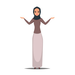 Cartoon business arab woman character with hijab. Smiling girl in hijab presenting something with two hands. Young Arabic business woman wearing hijab.Vector illustration isolated from white
