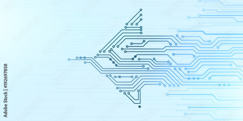 Poster abstract digital illustration of microchip board in arrow shape movingfrom right to left on blue bac