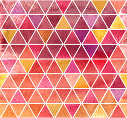 Watercolor background. 2d hand drawn seamless pattern with colorful triangular mosaic. Pink ruby red yellow ornament for tiles. Isolated on white backdrop