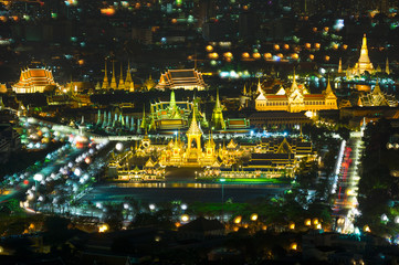 Top view light up of The Royal Crematorium of His Majesty King Bhumibol Adulyadej stands tall in Sanam Luang in front of the Grand Palace.