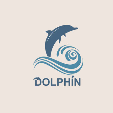 abstract emblem of jumping dolphin and sea wave