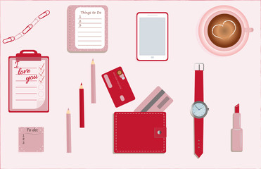 Stationary. A planner. To do lists. A cup of coffee. Pencils. A wallet. Wrist watch. Credit cards. Mobile phone. Clips. A lipstick. Vector illustration. 