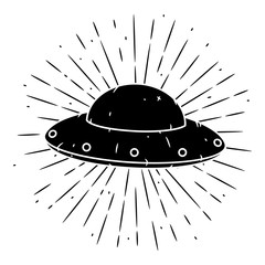 Vector illustration with a UFO and divergent rays on blackboard. Used for poster, banner, web, t-shirt print, bag print, badges, flyer, logo design and more. Cartoon UFO © ALEKSEI
