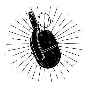 Vector illustration with a grenade and divergent rays on blackboard. Used for poster, banner, web, t-shirt print, bag print, badges, flyer, logo design and more. Cartoon grenade