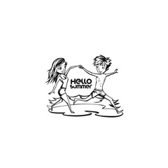 A birl and boy on the beach vector illustration.