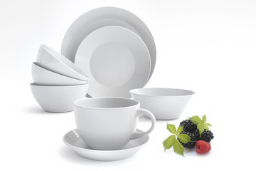set cups mug black porcelain faience red blue composition saucers white isolated background