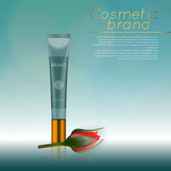Vector 3D cosmetic illustration with rose and bokeh background. Beauty realistic cosmetic product design template.
