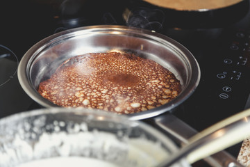 Yellow pancake fry in pan