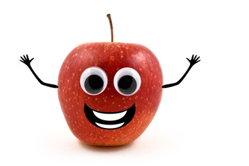 Funny cheerful apple with googly eyes stock images. Happy red apple on white background. Laughing...