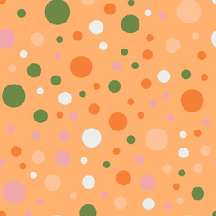 Colorful polka dots seamless pattern on bright 14 background. Cute classic colorful polka dots textile pattern. Seamless scattered confetti fall chaotic decor. Abstract vector illustration.