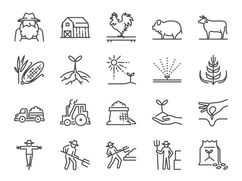 Farm and agriculture line icon set. Included the icons as farmer, cultivation, plant, crop, livestock, cattle, farm, barn and more.
