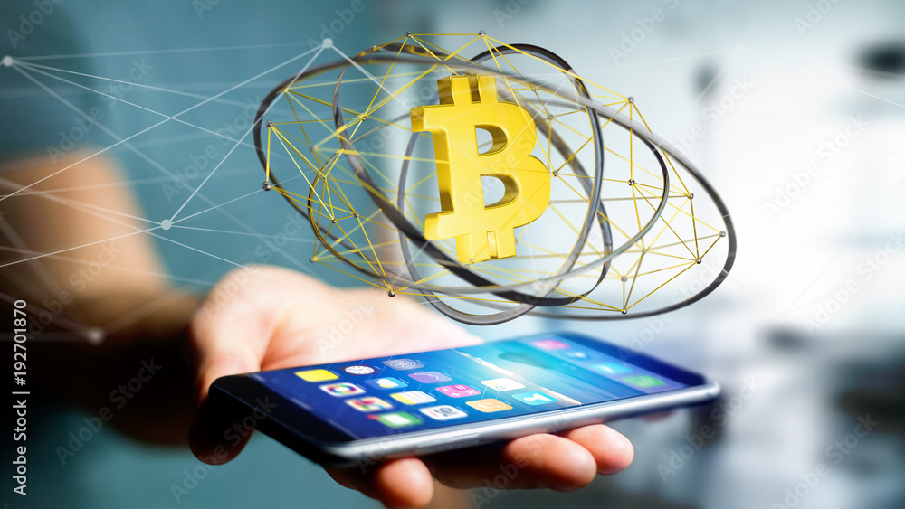 Poster businessman using a smartphone with a bitcoin crypto currency sign flying around a network connectio