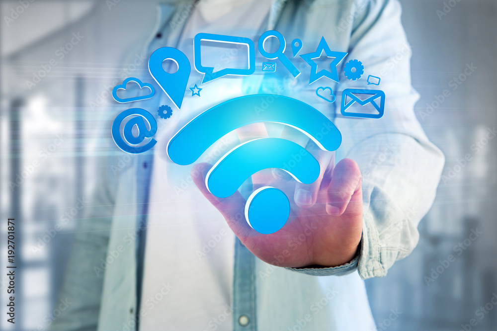 Poster wifi symbol connection surrounded by multimedia and internet application logo - 3d rendering