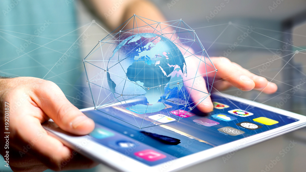 Poster businessman using smartphone with a connected network over a earth globe concept on a futuristic int