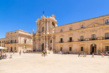 Syracuse, Sicily. Cathedral Square on the island of Ortigia (wholly included in the UNESCO World Heritage List). In the center is the Baroque facade of the Cathedral