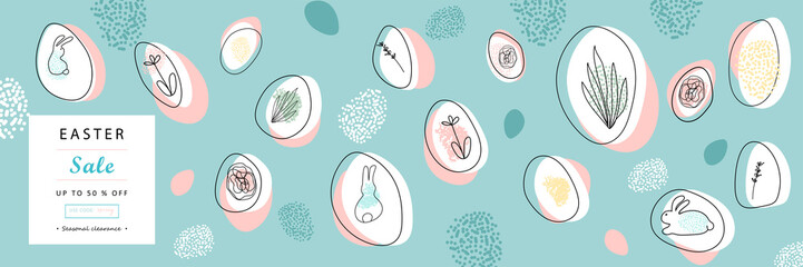Trendy Easter Sale Banner Unique Design with different hand drawn shapes and textures. Cute social media backdrop for advertising, web, posters, invitations, greeting cards, birthday or anniversary.