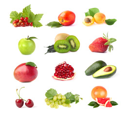 Collection of fresh fruits isolated on white background. Collage of juicy and ripe fruit isolated on white background. Close-up