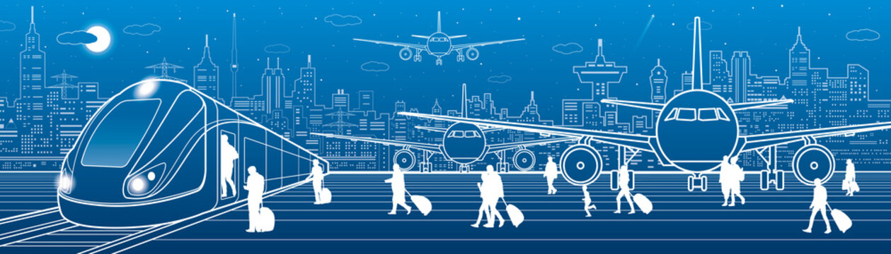 Transport panorama. Passengers get on the train leaving the airplane. Travel transportation infrastructure. Plane is on the runway. Night city on background, vector design art