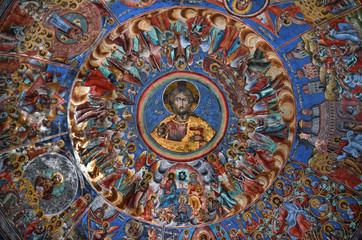 Fototapeta na wymiar Detailed view with frescoes from the byzantine church of Agios Antonios in Kokkinogi, Elassona, Greece.