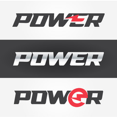 Power steel and black color logo with lightning symbol in letter, vector illustration.