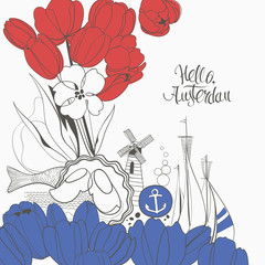 Naklejka premium Creative Background Resembling the Flag of the Netherlands with Dutch Symbols and Feature Tulips