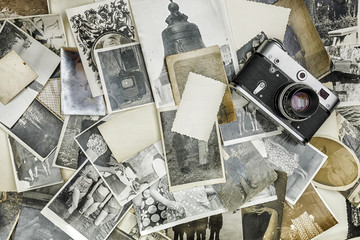 retro camera on the background of old photos