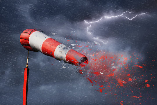 Storm, lightning, windsock and damage - force of nature